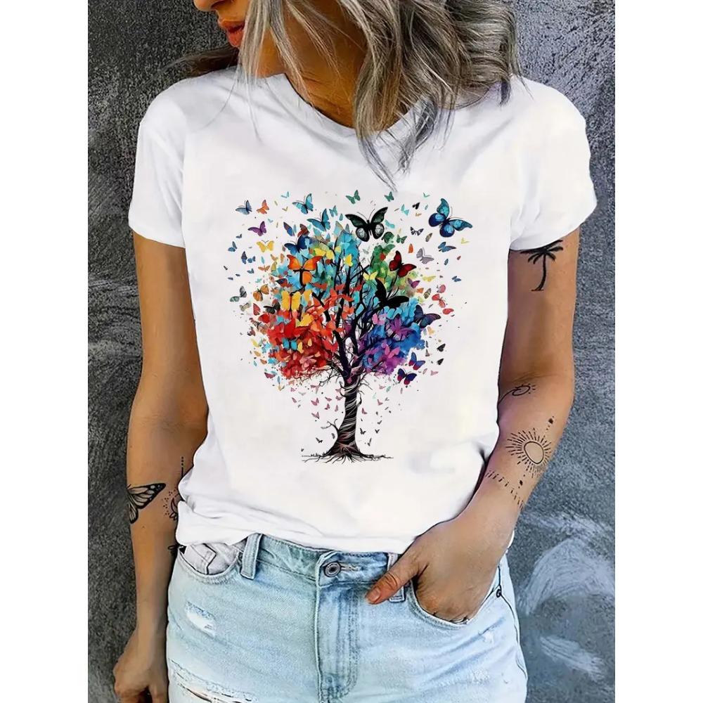 O-neck Butterfly Print Women's Crew Neck T-Shirt Casual Short Sleeve Letter Print Spring Summer Top Tee T Shirt