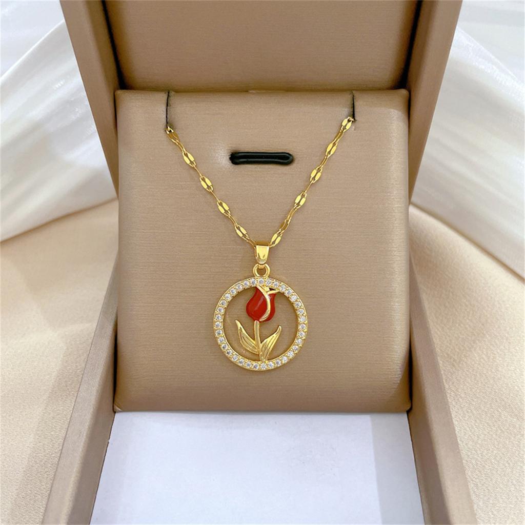 Elegant Stainless Steel Opal Tulip Flower Pendant Necklace For Women Delicate Rose Floral Clavicle Chain Choker Wedding Jewelry