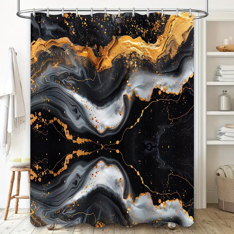 Роскошный набор штор для душа с мраморным принтом, черно-золотой геометрический узор, декор для ванной комнаты с карманом для штанги, для домашней ванной комнаты (69 x 7