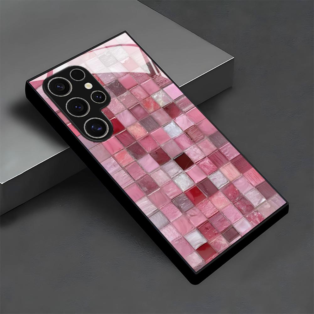 Стеклянный чехол для телефона с узором из розовой мозаичной плитки Для Samsung Galaxy S26 S25 S24 S22 S23 Ultra S21 S20 Plus 5G Нескользящий Полное покрытие