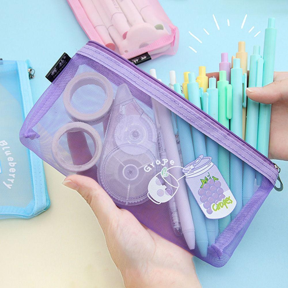 Pen Pencil Pouch Cute Mesh Pencil Case Creative Transparent Stationery Storage Bag Large-Capacity Cartoon Net Pen Bag Student