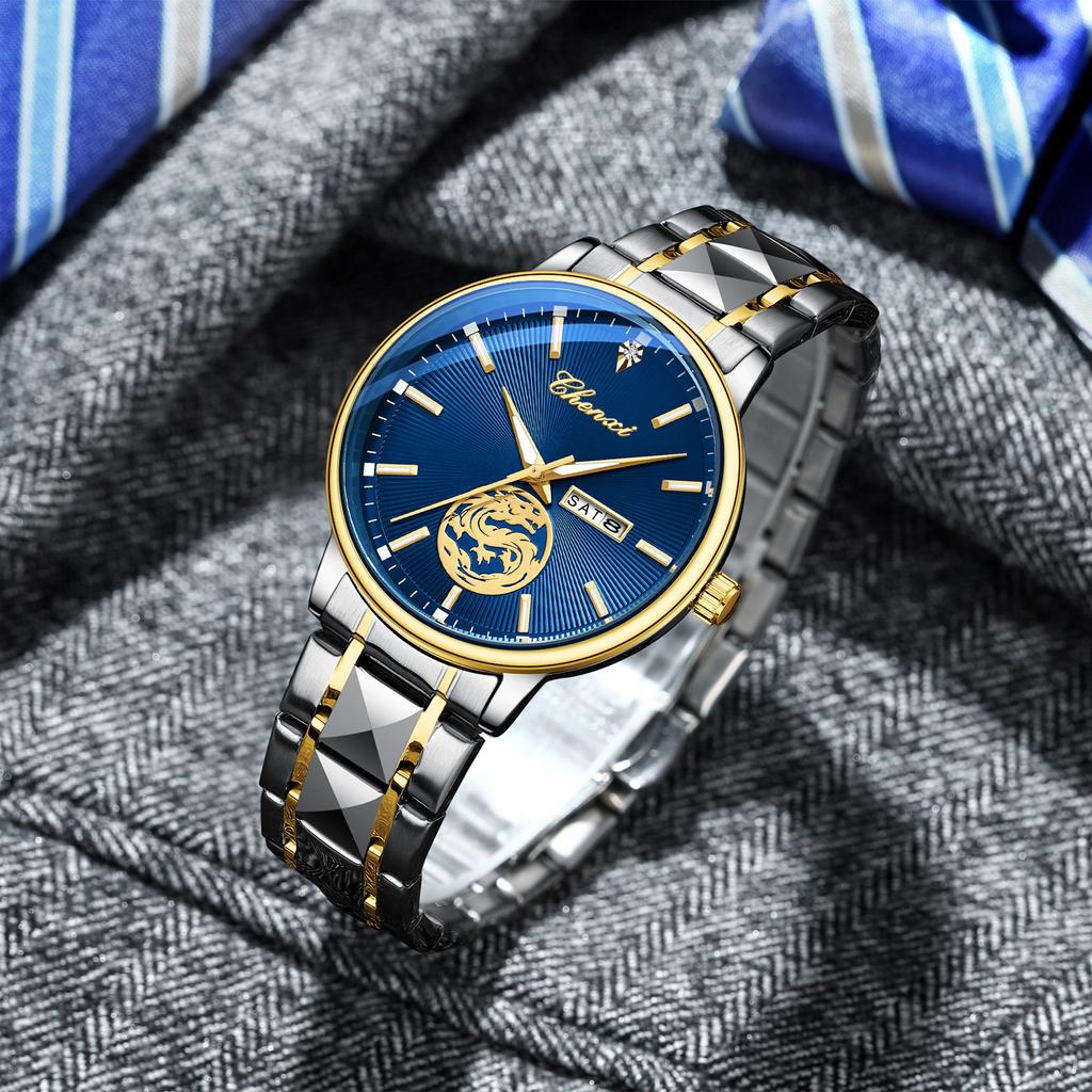 Chenxi Luxury Watch Men Golden Dragon Pattern Stainless Steel Fashion Quartz Wristwatches Curved Mirror Watches For Men Business