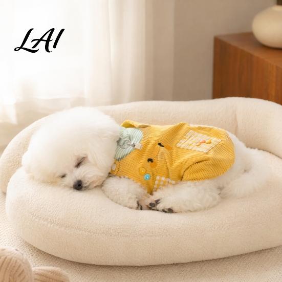 Comfortable Dog Apparel Spring Fall Striped Pet T-Shirt Cute Duck Embroidery Corduroy Romper Pants Breathable Shirt Outfit with Plaid Pockets False