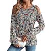 Женская / Зимняя Футболка Оверсайз Модная С открытыми плечами Круглый вырез Винтажный цветочный принт Пуловер Топ с длинным рукавом