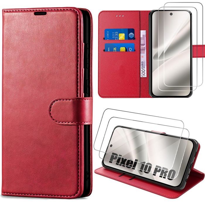 Coque de Téléphone - E.F.Connection - pour Google Pixel 10 Pro - Cuir PU Rouge - 2 Verres Trempés