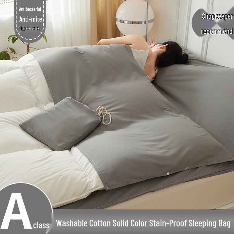 Portable Stain-Proof Cotton Sleeping Bag: Detachable, Solid Color Duvet Cover with Bed Sheet for Travel and Hotel Stays.