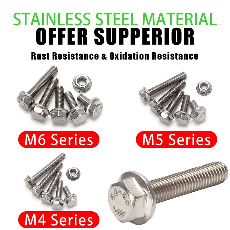 132pcs stainless steel hexagonal flange bolt and nut set, M5, M6, M8 flange bolts and nuts, flange plate, for DIY projects.