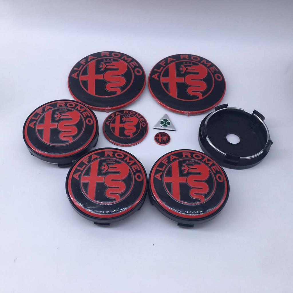 EGJCU1 1sets 9pcs For Alfa Romeo new black T60 060 60mm black caps 74mm Steering Wheel Badge Car Hood Front Emblem Giulia Stelvio Mito