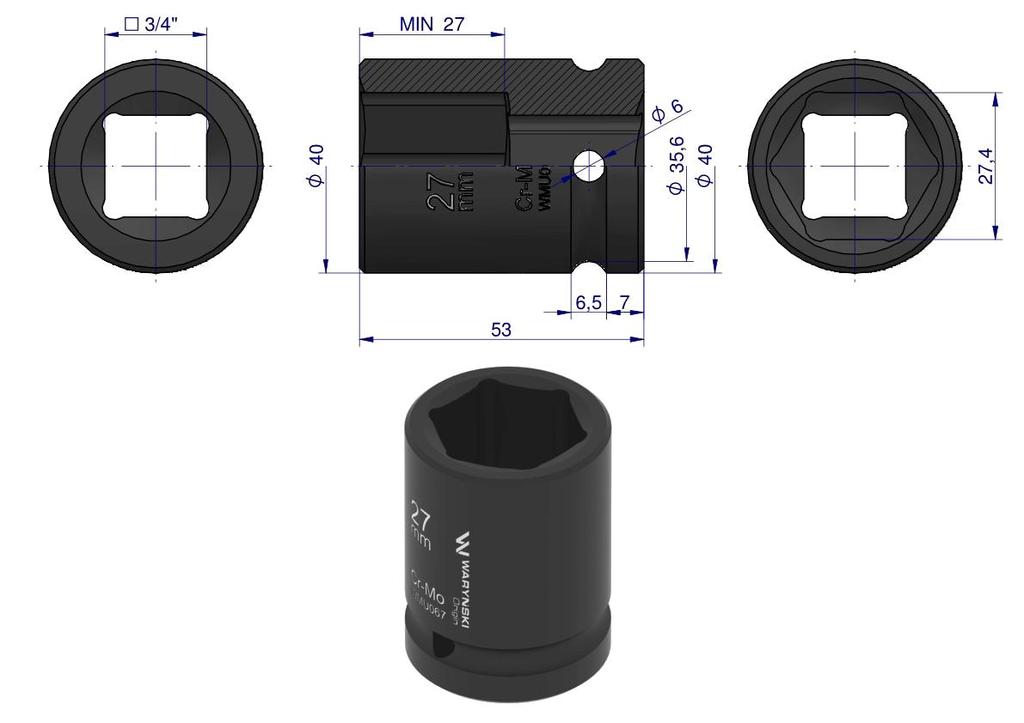 Nasadka Udarowa Sześciokątna 3/4". 27 Mm. Crmo. Din 3129. Waryński
