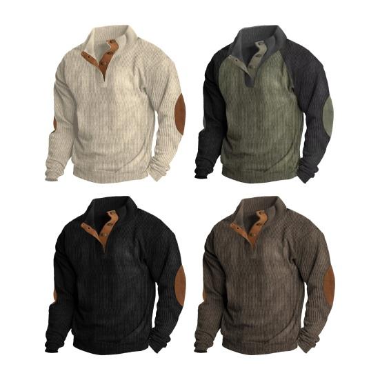 Мужская толстовка с воротником-стойкой и пуговицами, с длинным рукавом, повседневная, свободная, ретро-цвета, для повседневного спорта на открытом воздухе, для путешествий, контрастные цвета, топ