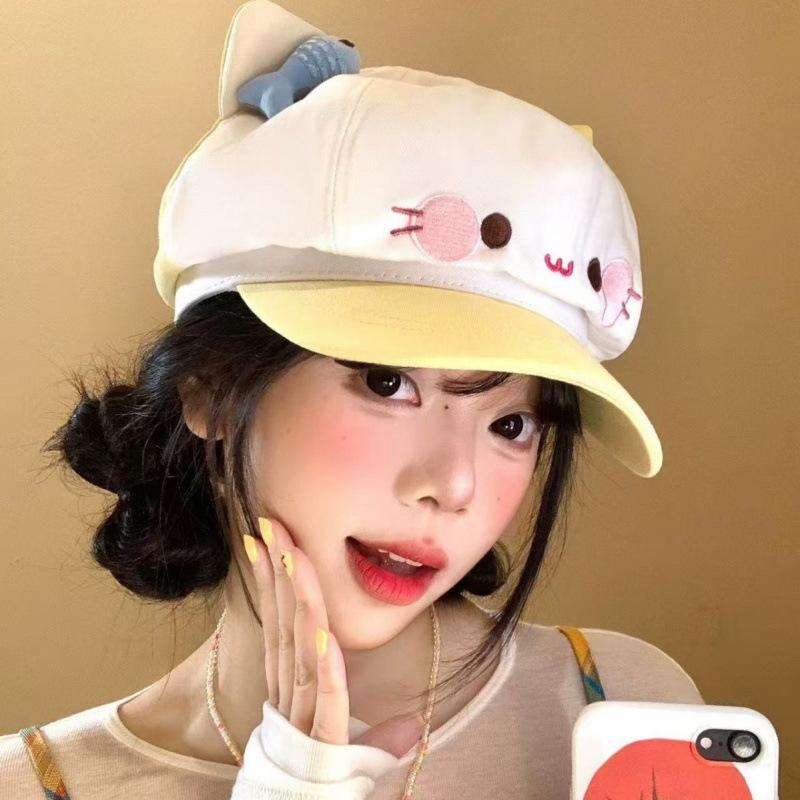 Sweet And Cute Little Fish Cat Beret Female Cartoon Showing Face Small Versatile Octagonal Hat Traveling Newsboy Painter Hat