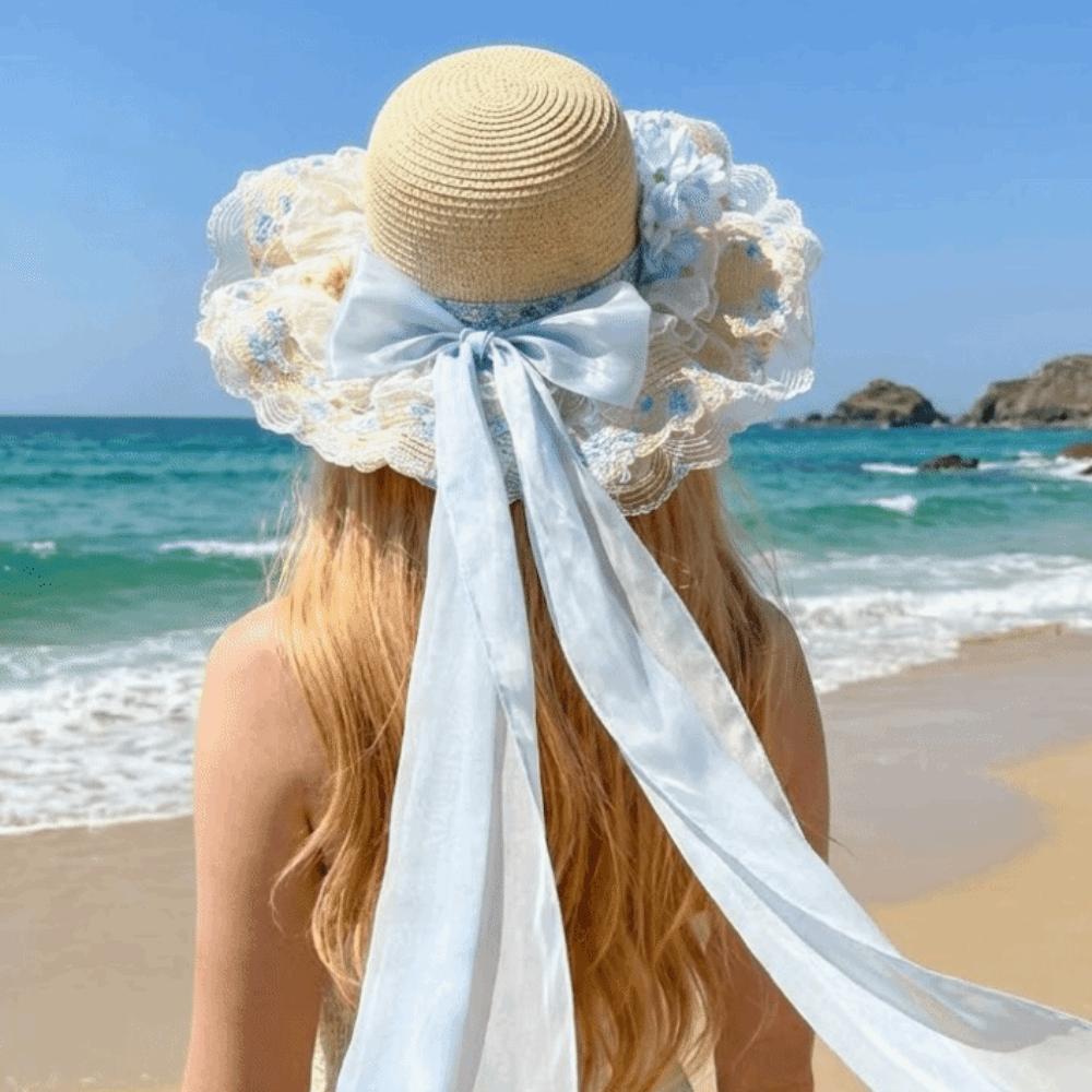 Breathable Woman's Straw Hat Floral Design Outdoor Beach Hat Lace Brim Sunshade Cap  Beach Holiday