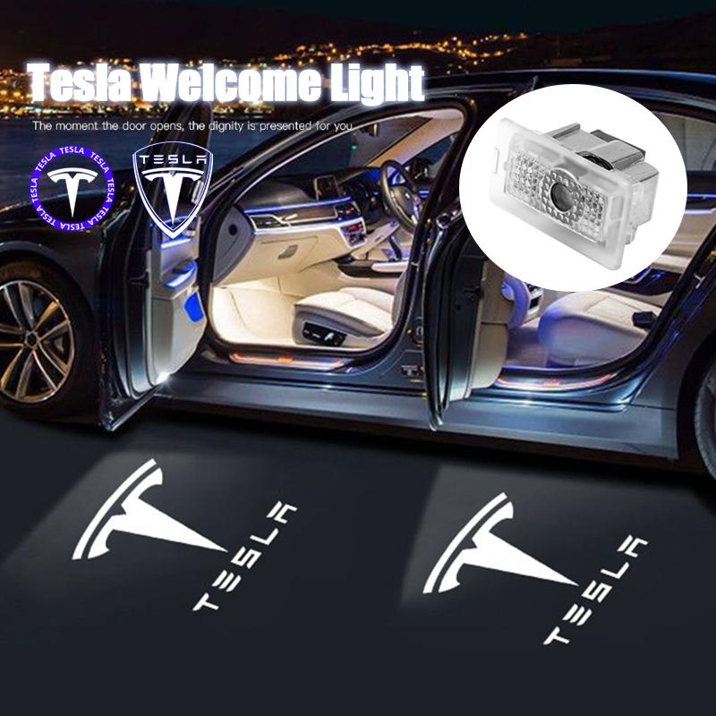 UBFMQ1 2Pcs LED Car Welcome Lights Auto Emblem Door Projector Lamp For Tesla Model 3 Model Y Model X Model S Cybertruck Roadster SpaceX