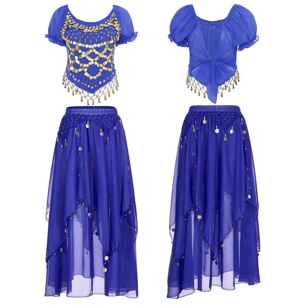Женский комплект для танца живота с короткими рукавами-фонариками, расшитый пайетками, и юбка с неравномерным многоуровневым краем для сцены Хэллоуина