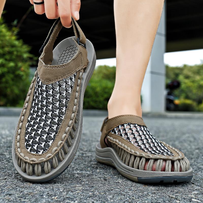 Мужские походные сандалии ручной работы, летние черные римские сандалии, широкие пляжные туфли для воды, большие размеры