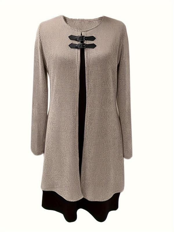 Осенне-весеннее женское платье из двух частей, трапециевидной формы с длинным рукавом, свободный подол, круглая шея, декор с пряжкой, вязаное мягкое цветное платье миди длиной до колена