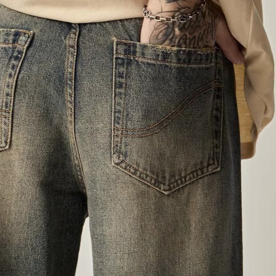 Мужские джинсы Градиент контрастного цвета Широкие штаны Свободные High Street Ретро Хип-хоп Прямые карманы полной длины с застежкой-молнией на пуговицах Мужские длинные джинсовые брюки