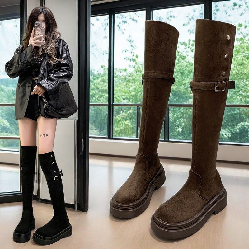 Platform Women's Thigh High Boots Autumn Winter Fleece-Lined Round Toe Ladies Above Over The Knee Shoes 2025 New Trend Footwear