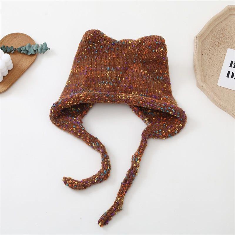Soft girl cute super cute strap knitted ear hat autumn and winter versatile student warm bag head wool hat woman