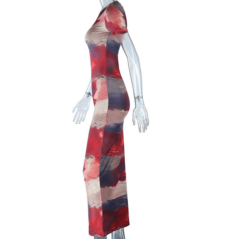 Европейский и американский стиль модный принтованный круглый вырез пуловер юбка с короткими рукавами с запахом бедра, элегантное повседневное платье