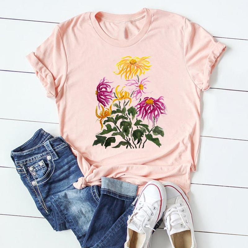 (Азиатский размер) Женская футболка с милым цветочным принтом и короткими рукавами, женская одежда, летняя модная повседневная футболка с графическим принтом