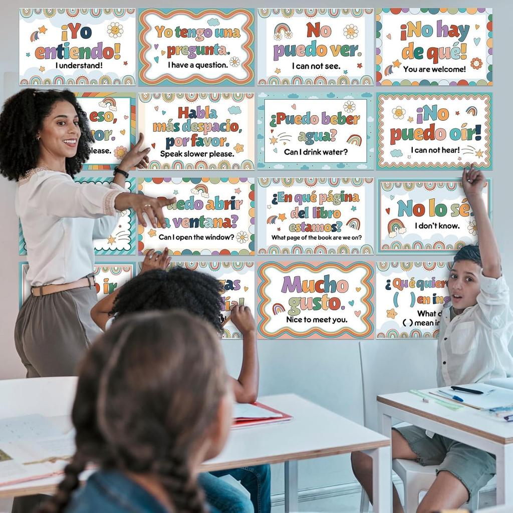 Pajean 20 Pcs Spanish Posters Spanish Phrases Classroom Decorations Boho Spanish English Bulletin Board Bilingual Educational Posters Language Study