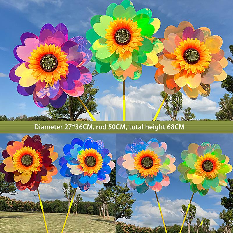 1 Set Outdoor Garden Decor Double Layered Sunflower Windmill Rotating Sunflower Wind Spinner Stake Standing Lawn Flower Pinwheel