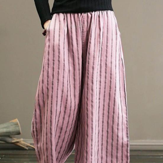 Женские летние брюки, эластичные повседневные брюки с высокой талией и карманами, прямые широкие брюки с принтом в вертикальную полоску, драпированные деловые брюки