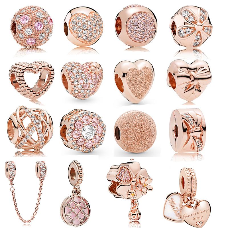 925 Sterling Silver Rose Gold Charms Open Heart Sparkling Polish Charm Pendant Clip Stopper Charms Fit Original Fashion Bracelet