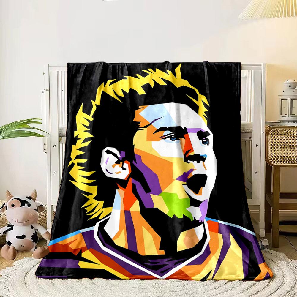 A colorful, abstract geometric portrait with spiky yellow hair elements. for all seasons blanket lunch break throw gift