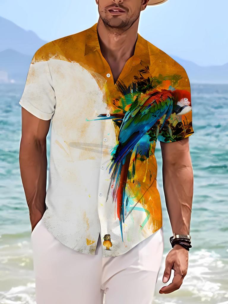 Trendy and Fashionable Shirt with Parrot Embroidery 3D Printed Top, Short Men's Casual and Comfortable Top, Shirt, PLUS SIZE