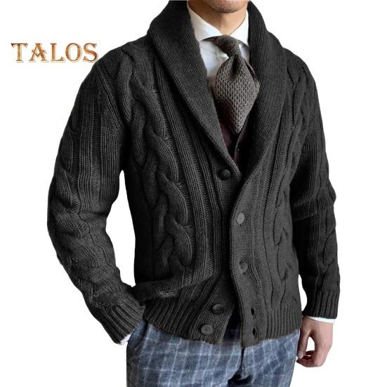 Мужской свитер кардиган с лацканами, длинный рукав, застежка на пуговицы, однотонное трикотажное пальто свободного кроя, повседневная верхняя одежда