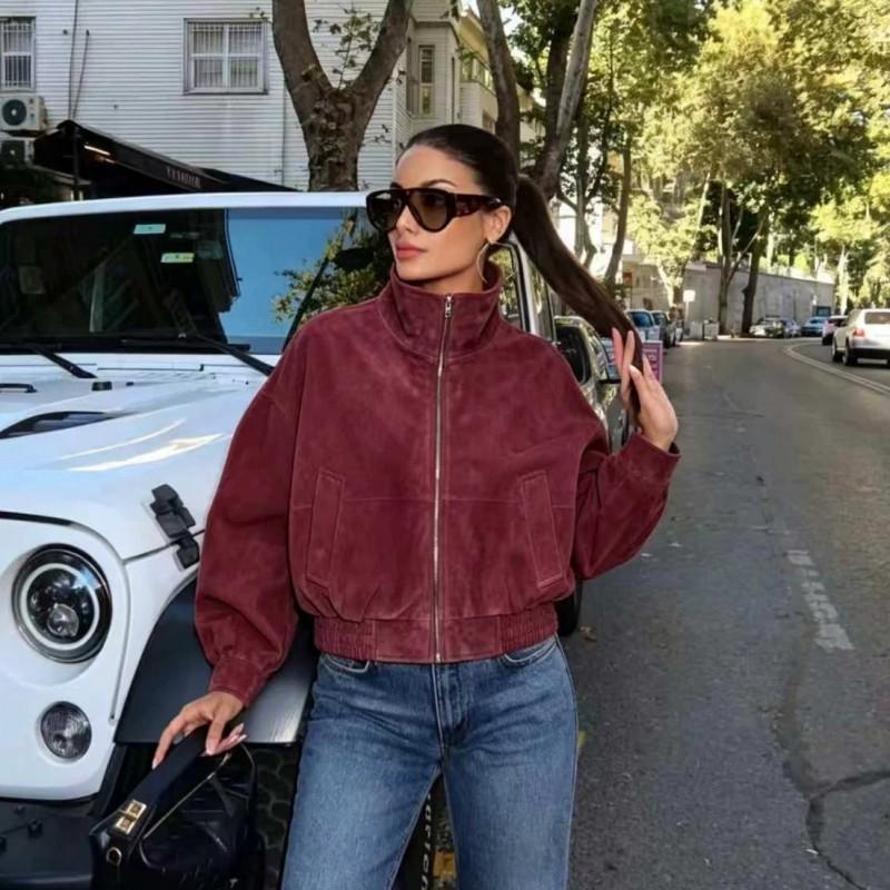 Womens Zip-Up Solid Color Jacket Casual Stand Collar Outerwear