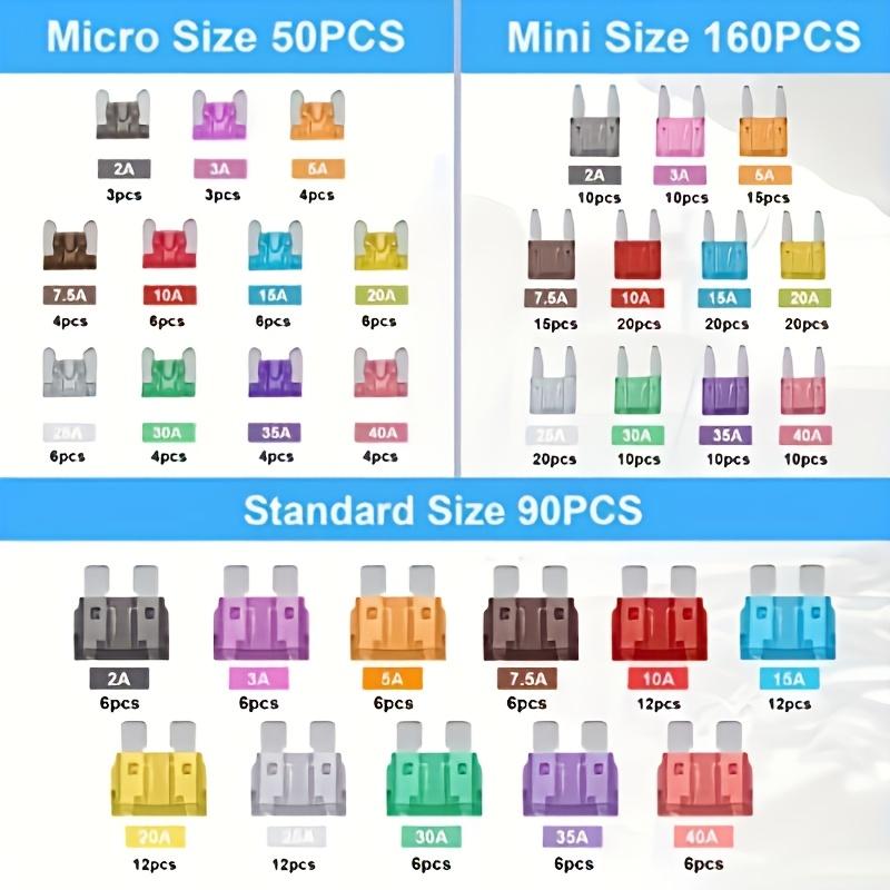 300pcsCarFuse Assortment Kit Mini Standard Micro Fuses 160x Mini 90x Standard 50x Micro with Extractor Tool Aluminum Mixed Color Fuse Holders1