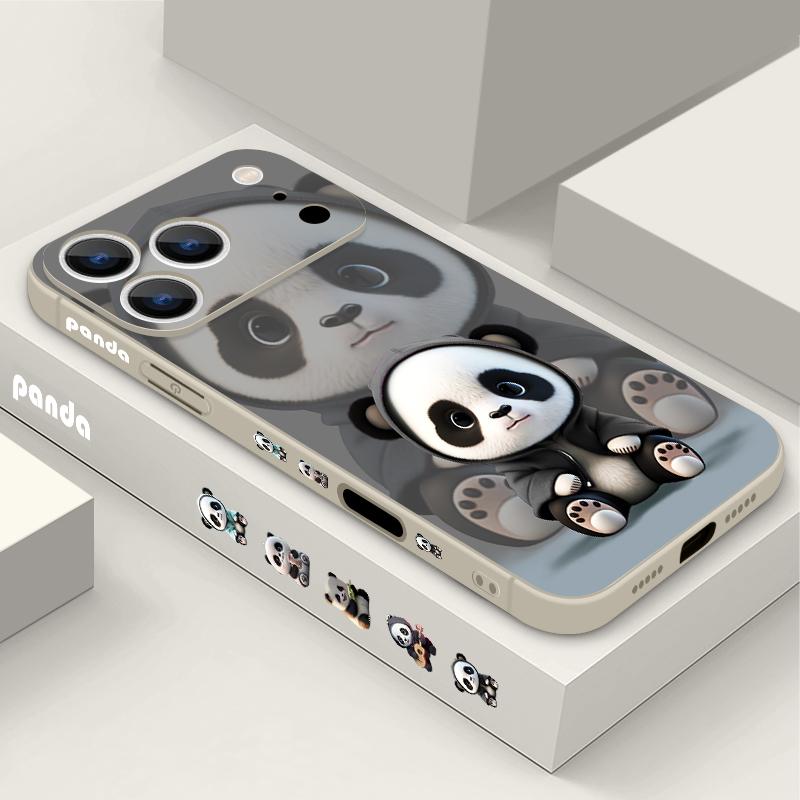 Чехол для iPhone 17 Pro Max Черный Пальто Узор с Пандой Мягкий Силикон Чехол с Ремешком Для iPhone 16 Pro Max Чехол iPhone 15 14 13 12 11 16E Air