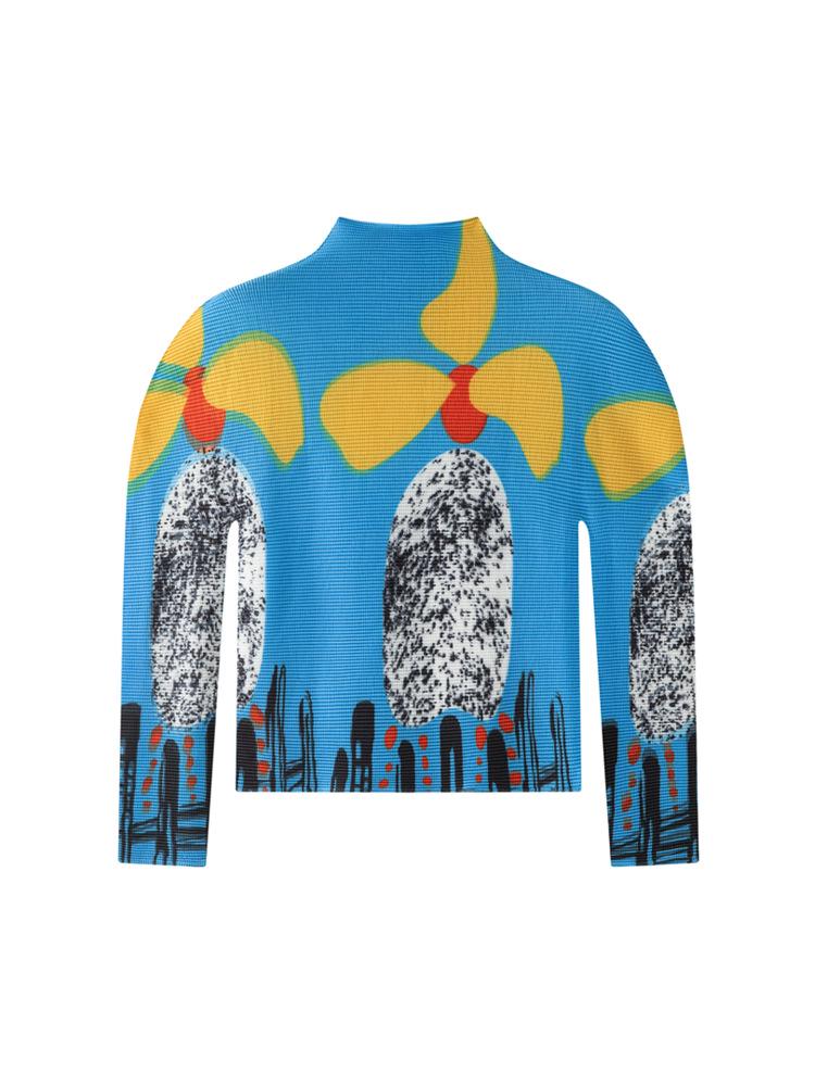 Мияке Весна Легкий Плиссированный Топ с Длинным Рукавом, Высоким Воротником, Приталенный