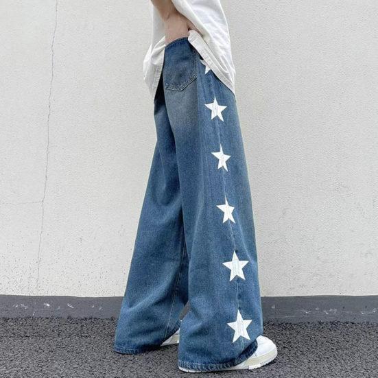 Мужские джинсы с широкими штанинами, прямые, свободные, со звездным принтом, полная длина, сплошной цвет, карманы, пуговицы, застежка-молния, мягкая уличная одежда в стиле ретро, ​​мужские длинные брюки
