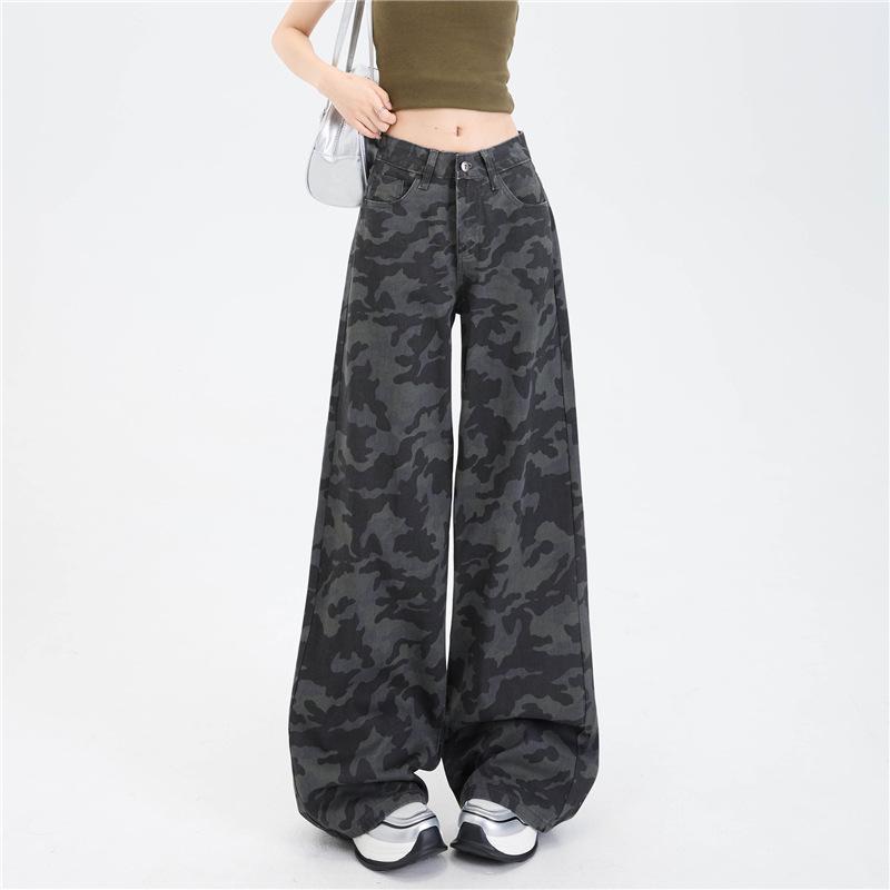 Women's American-Style High Waist Camouflage Wide-Leg Denim Trousers - Summer 2025 Casual Wear