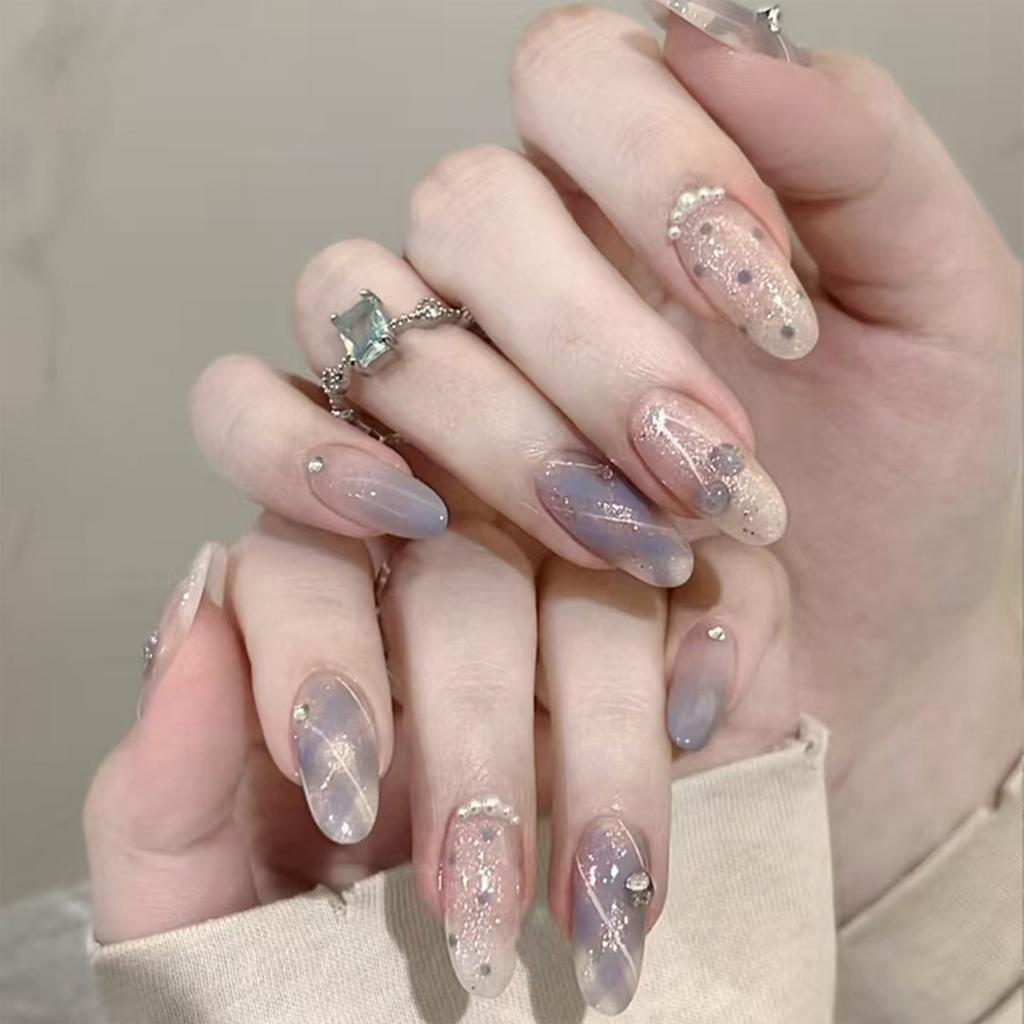 Plaid Polka Dot Cherry Pearl Rhinestone Fake Nails 30 Pieces Fashionable Design Pre-Coated Glossy Surface Universal Fit