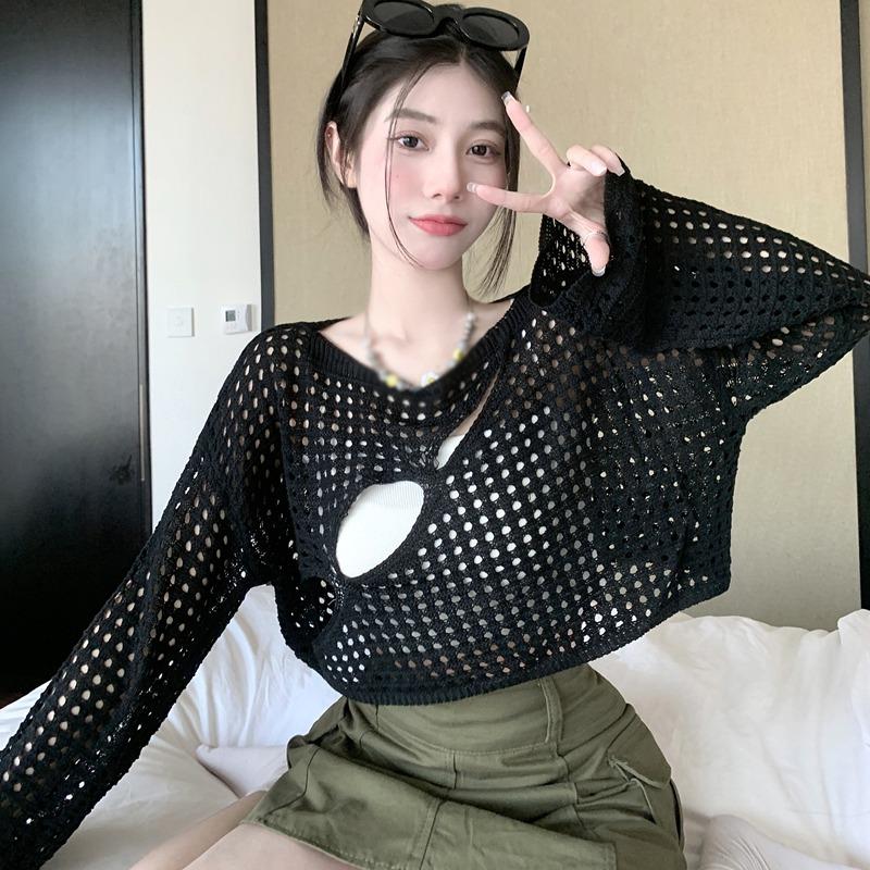 Women's Blouses Loose Round Neck See-through Mesh Knitted Tops