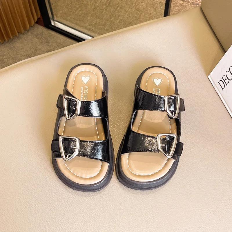 Тапочки для девочек с толстой подошвой, летние, с открытым носком, детские, повседневные, пляжные тапочки, модные, нескользящие, детские, вырезы, уличные тапочки, мюли