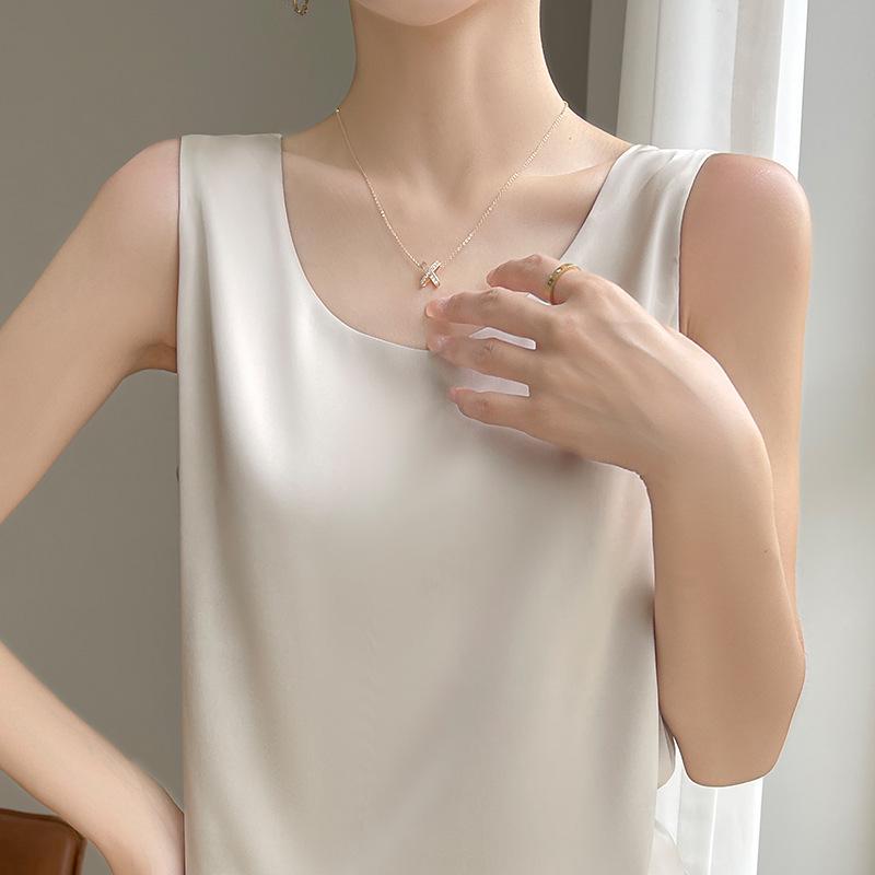 Versatile Women's Satin Camisole: Front V, Round Back, Sleeveless, Wide Straps—perfect Under a Suit, Silky Finish with an Elegant Back.