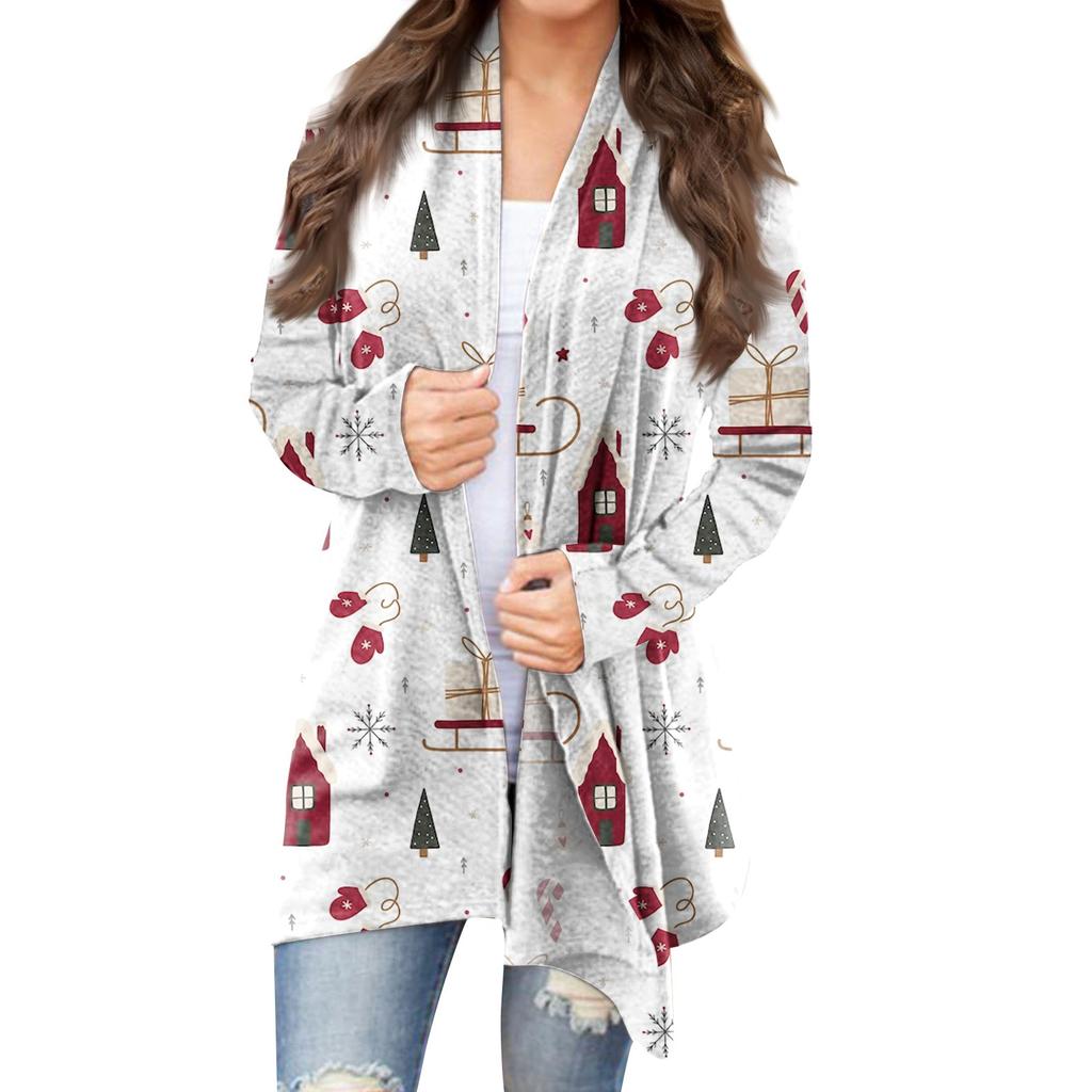 Женский модный повседневный кардиган средней длины с рождественским принтом и пальто