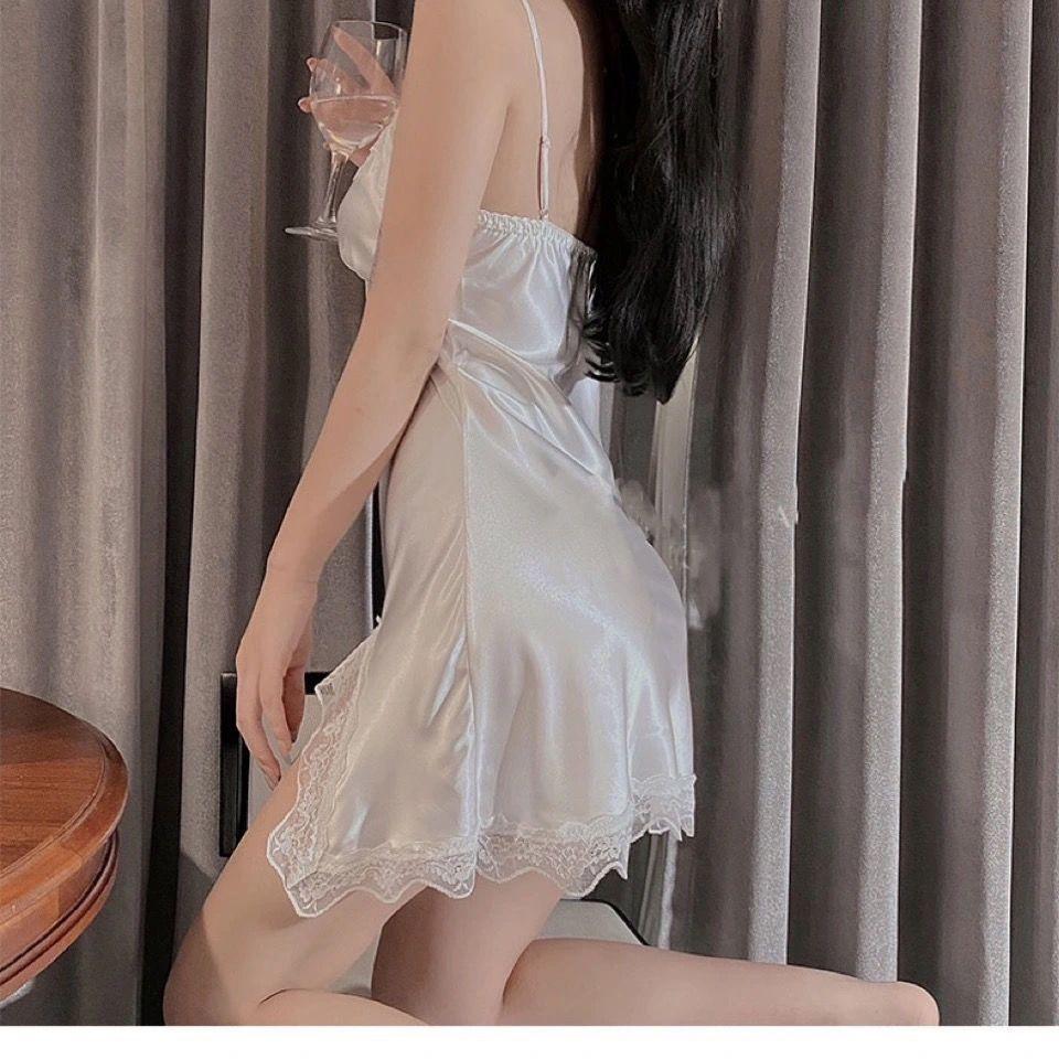 Summer Sexy Lace Trim Ice Silk Nightdress - Women's Sleeveless Solid Color Pajamas for Boudoir