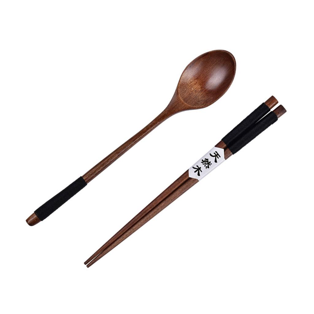 Легкий Портативный Деревянный Набор Столовых Приборов Палочки для Еды и Ложка Посуда с Текстурой Дерева для Путешествий Кемпинга Домашней Трапезы