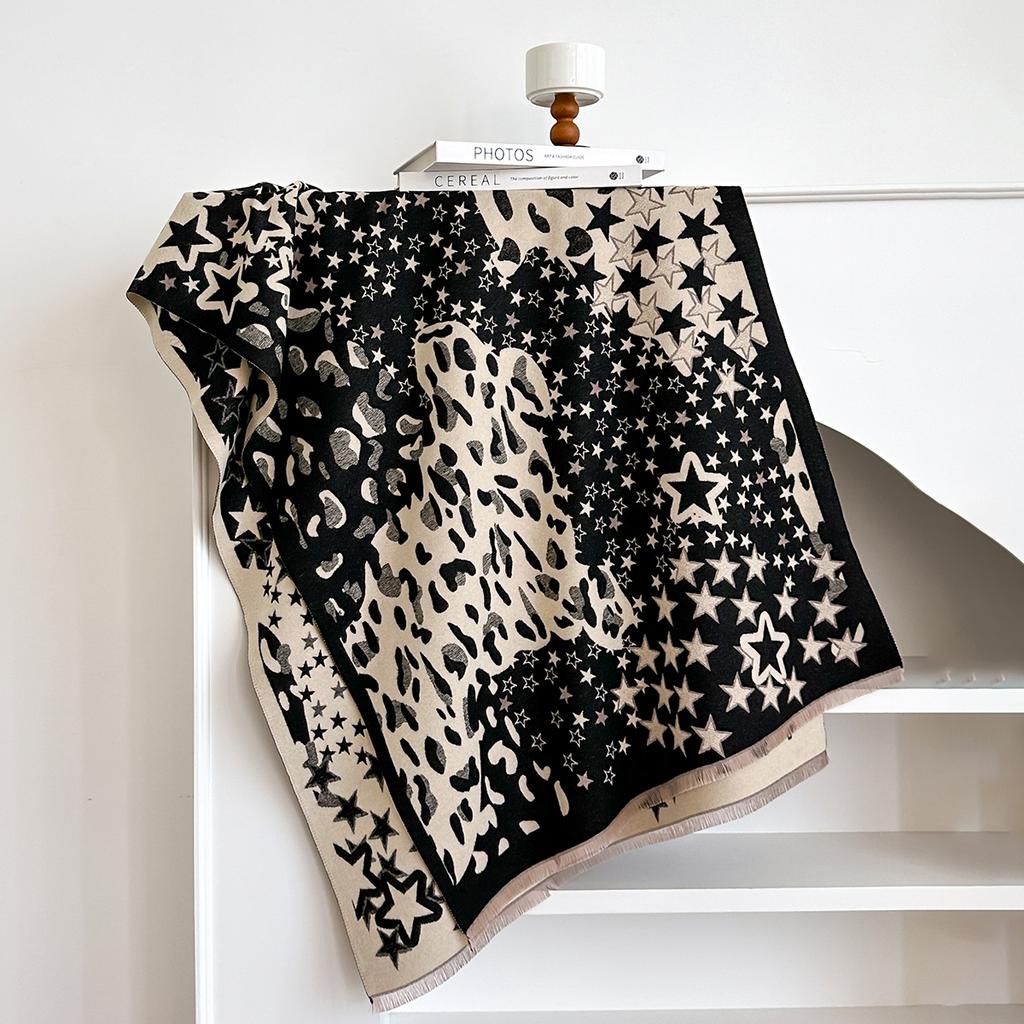 Ladies Thickened Winter Scarf Leopard Print Star Design Two-Sided Faux Cashmere Jacquard Wool Pashmina Wrap Luxury Style