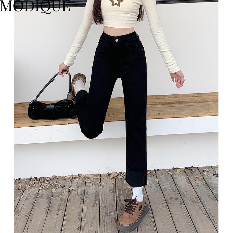 MODIQUE, весенние большие размеры, новые женские винтажные эластичные прямые длинные джинсы с высокой талией, женские базовые повседневные брюки, брюки