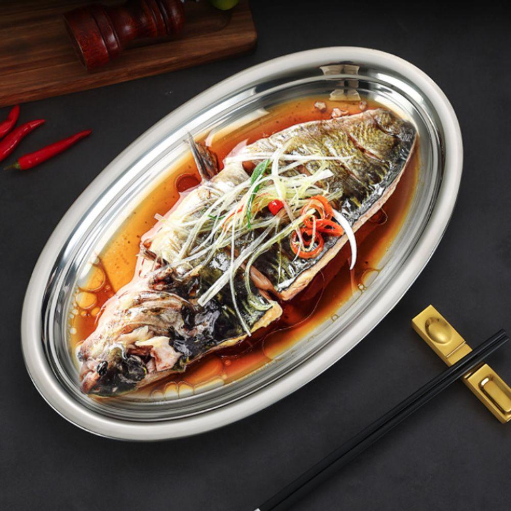 Gold/Silver Barbecue Dish Korean Style Snack Tray Elliptical Steamed Fish Plate Restaurant