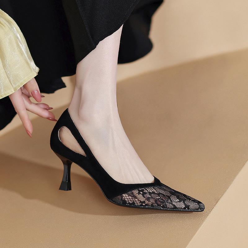 2024 новые весенние и осенние летние кружевные полые сетчатые туфли с острыми каблуками женские тонкие каблуки сексуальные неглубокие одинарные туфли женские