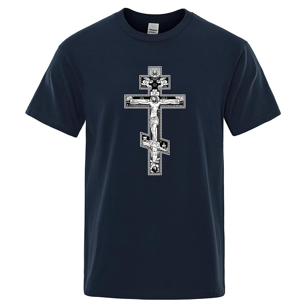Gothic Dark Style Orthodox Cross Jesus Little Angel Male Clothing Fashion Cotton Loose Tshirt Pattern Summer Clothes